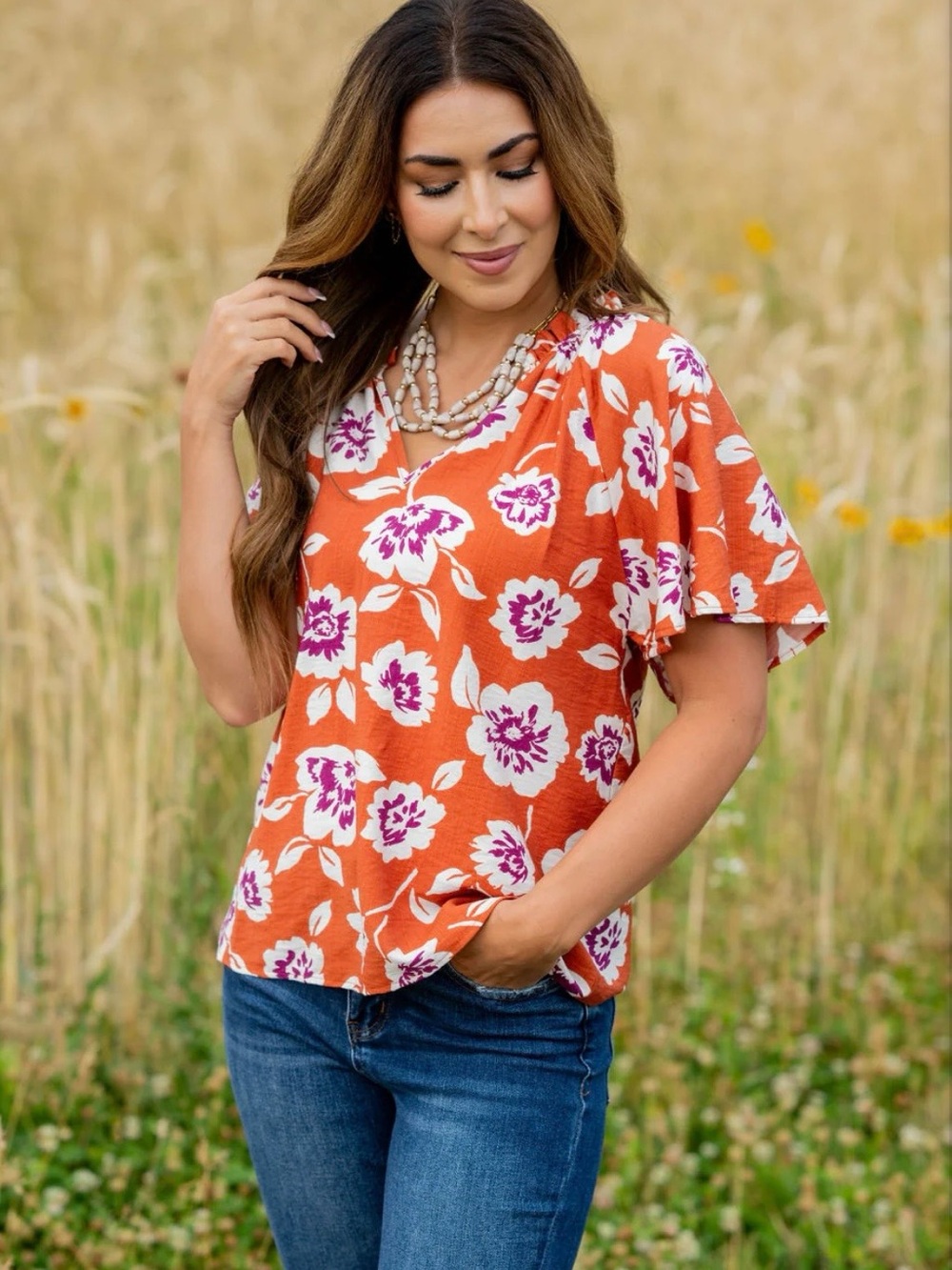 Women's Orange Floral V-Neck Flutter Sleeve Blouse